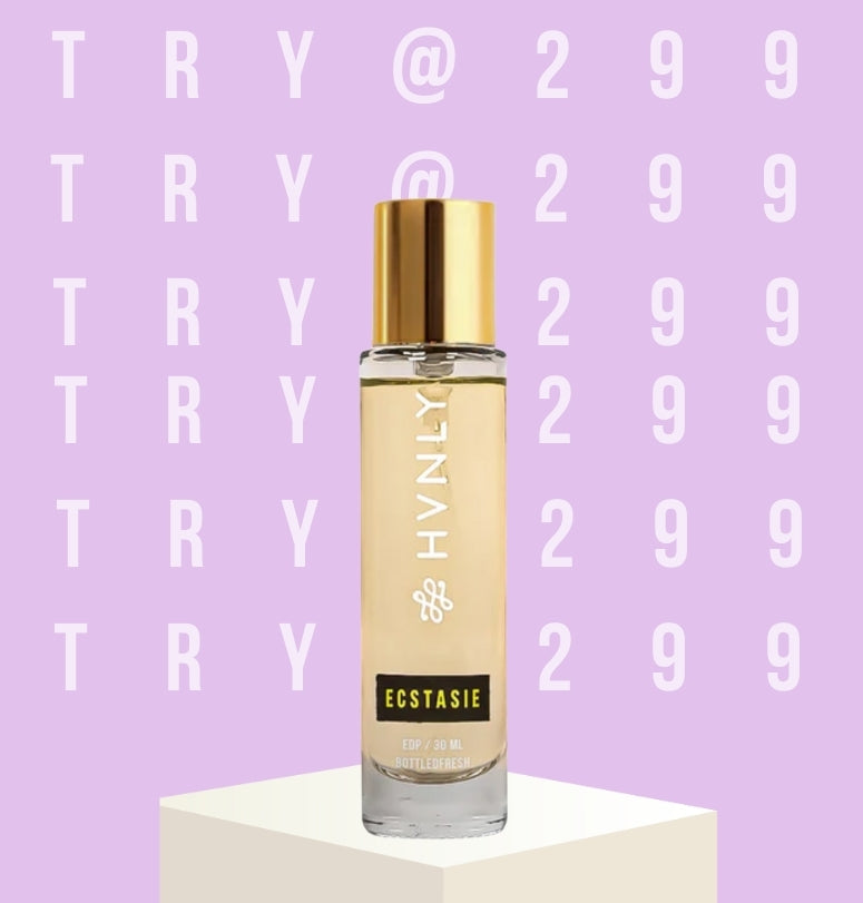 HVNLY Ecstasie perfume bottle on a light purple background with 'TRY @299' text.