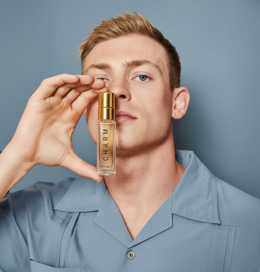 Man holding a gold bottle labeled 'Charm' against a brown background
