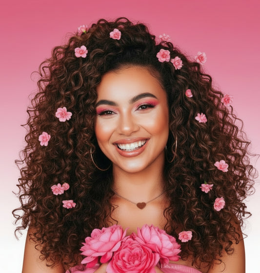 Woman with curly hair and pink flowers against a pink background showing personality aura that Whispers of Joy perfume creates