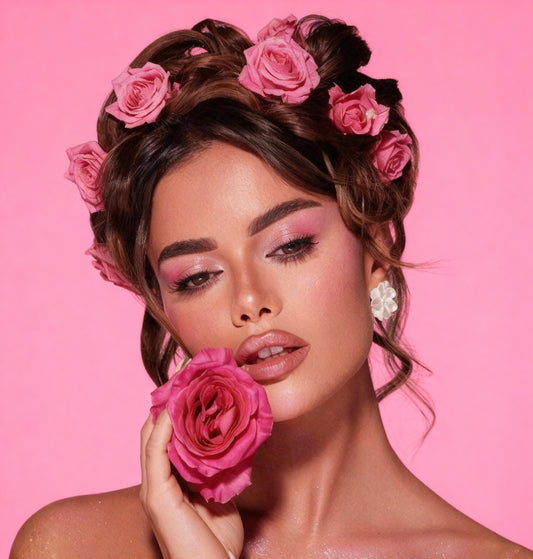 Woman with floral hairpiece and pink rose against a pink background depicting the juicy rouge effect