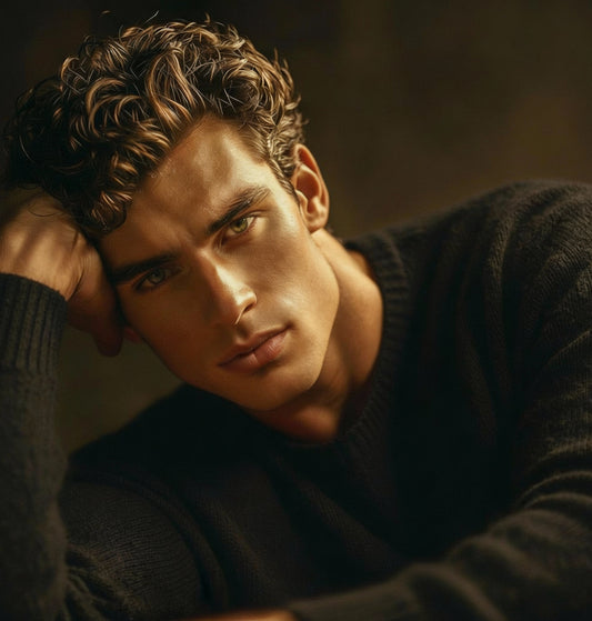 Man wearing a dark sweater with a warm, soft light on his face showing personality aura that the perfume creates