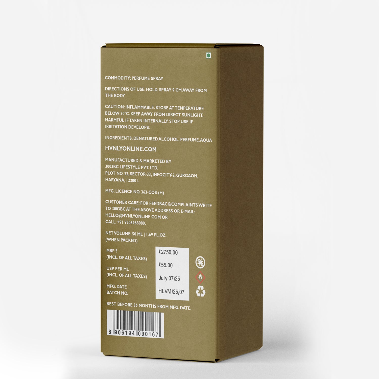 Back of pack of Vanille Oud perfume by Hvnly mentioning all necessary information like pricing, directions of use and other details that are to be added as per the regualtions.