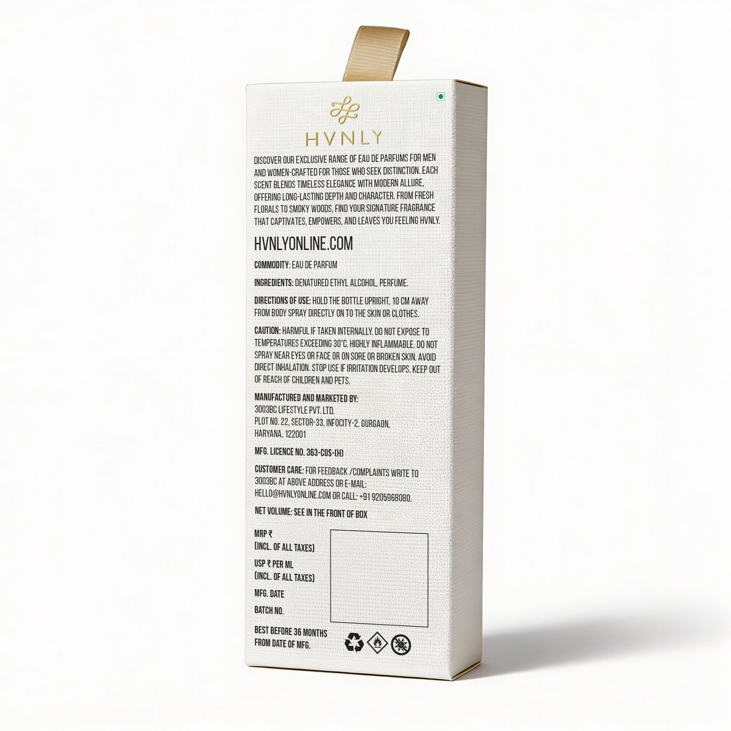 Back of a Hvnly perfume packaging box with text and branding.
