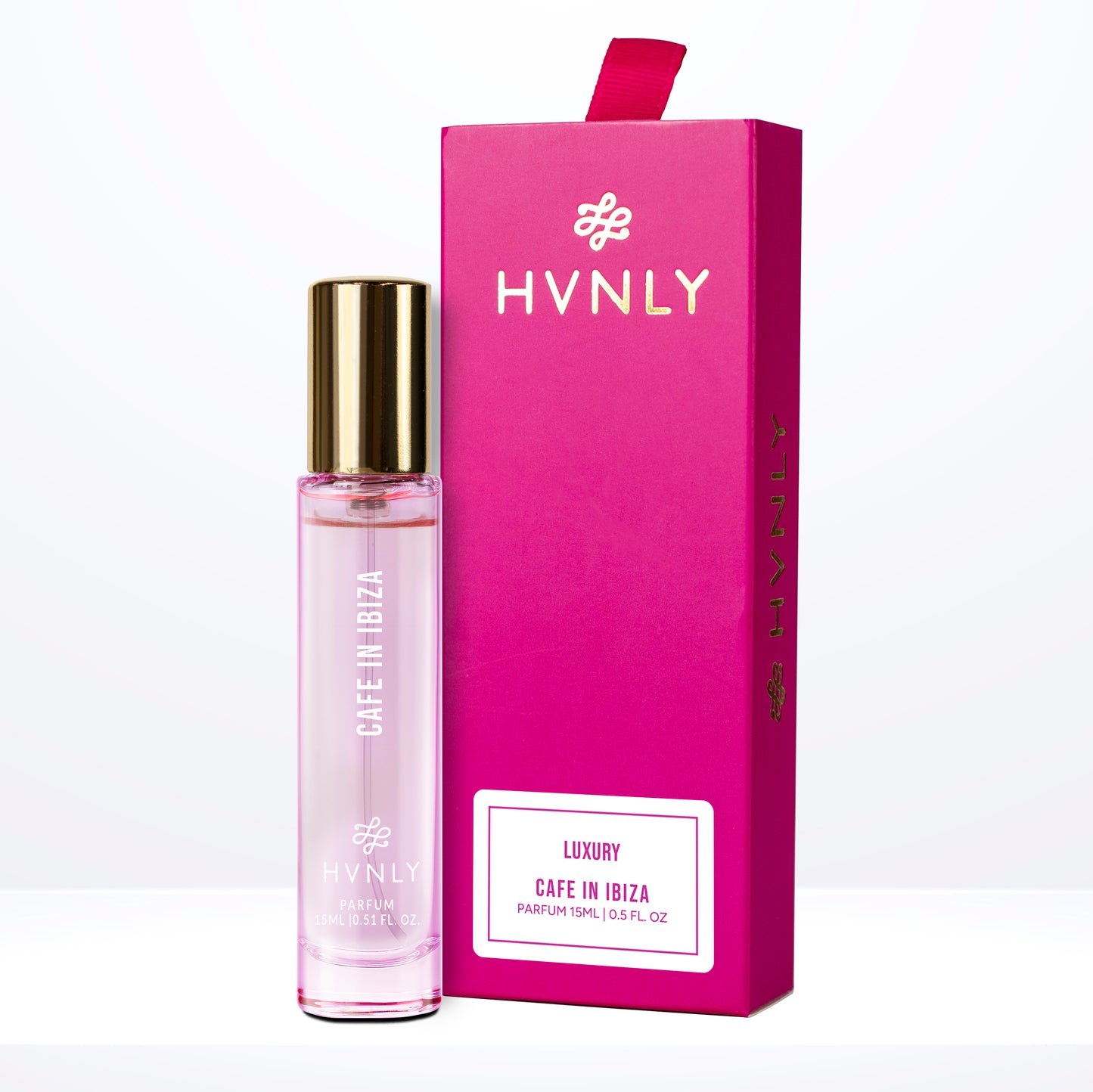 Cafe In Ibiza 15ml Perfume bottle and packaging with 'HVNLY' branding on a white background