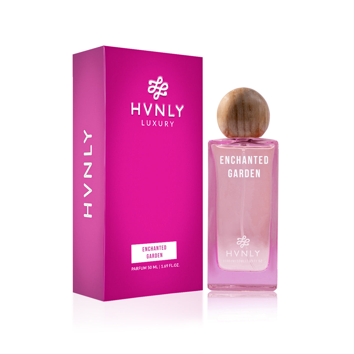 HVNLY Enchanted Garden Luxury Perfume – Elegant bottle and packaging on white background.