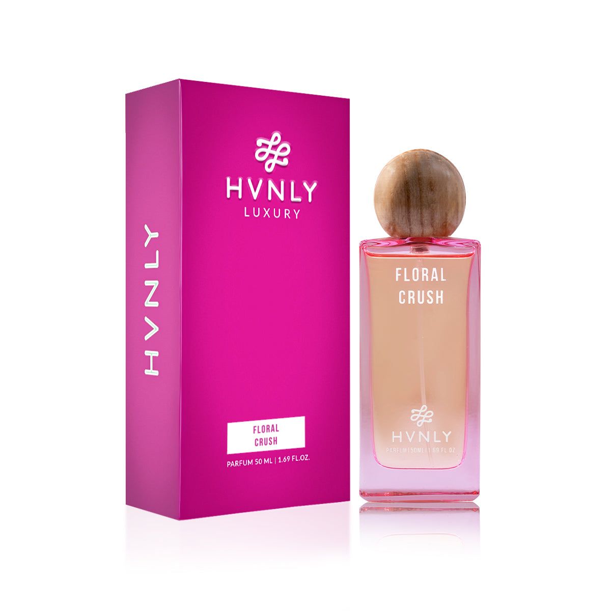 HVNLY Luxury 'Floral Crush' perfume bottle and packaging on a white background