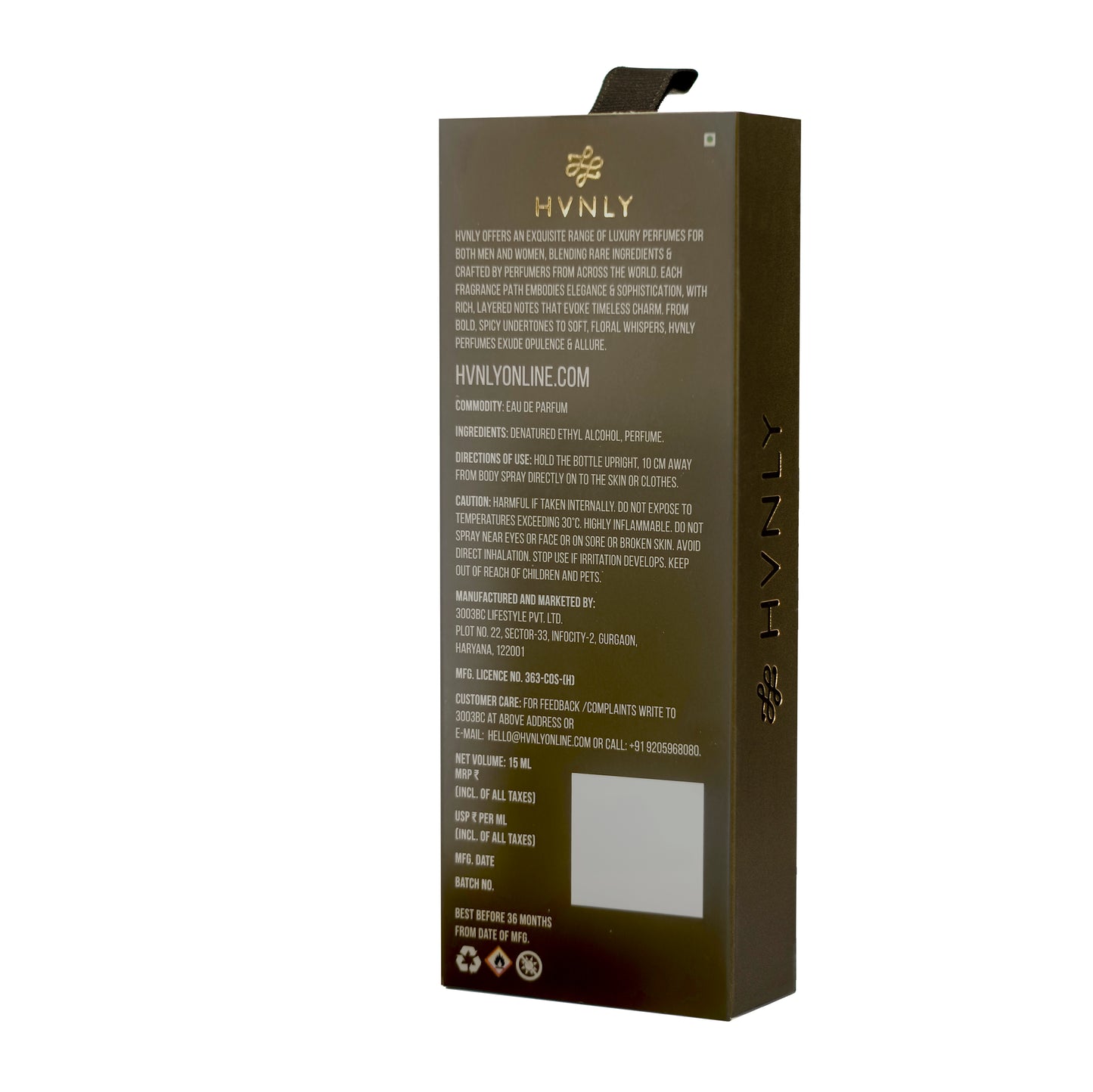 Back of Pack of 15ml luxury perfume with gold text and branding on a white background