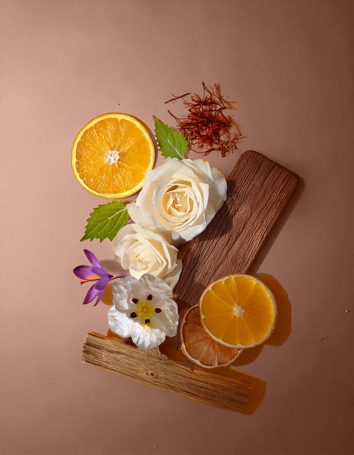 Colorful display of natural ingredients used in HVNLY's Oud Marrakech luxury perfume