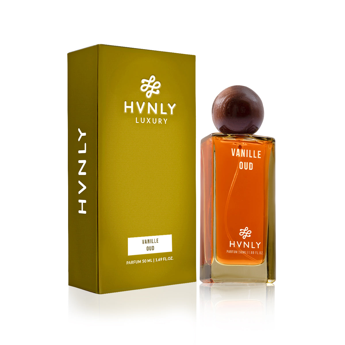 HVNLY Luxury Vanille Oud perfume bottle and packaging on a white background