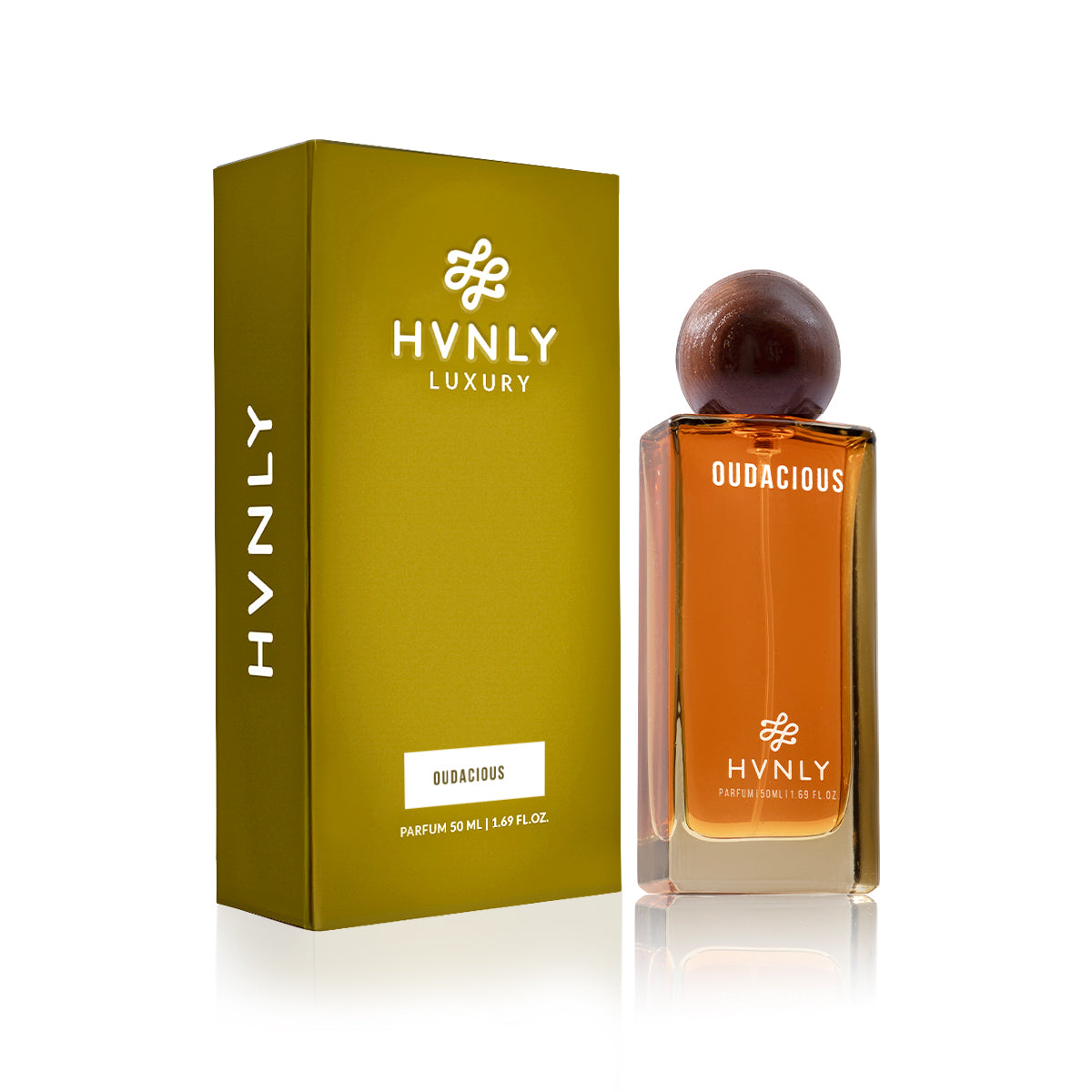 HVNLY Luxury Oudacious perfume bottle and packaging on a white background