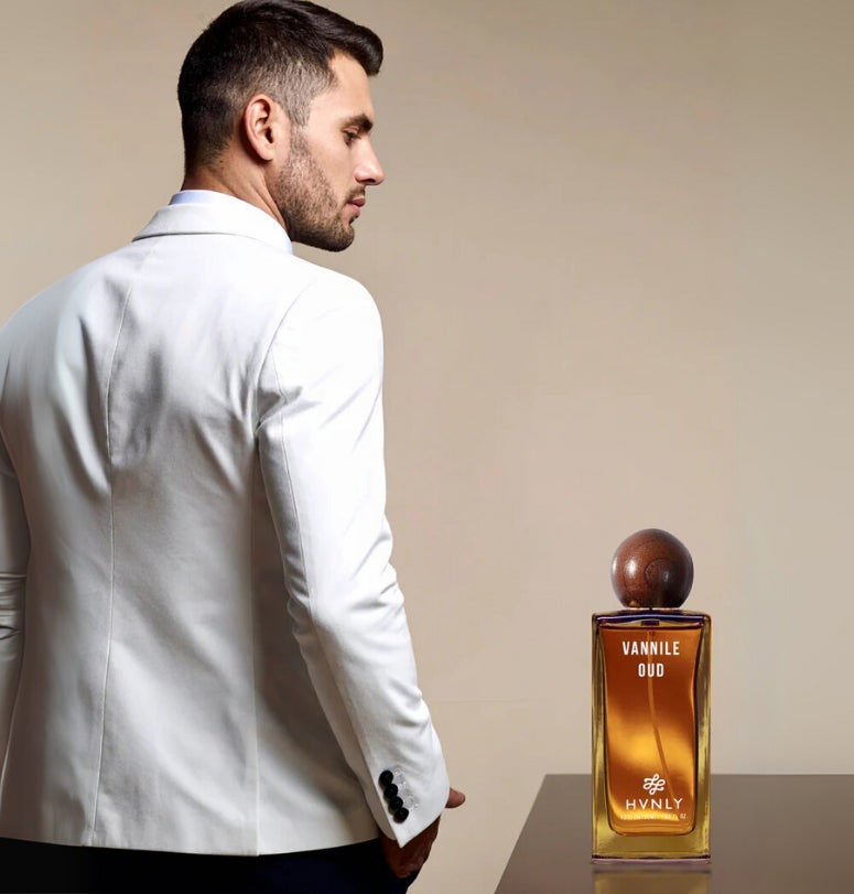 Close up shot of the Vanille Oud perfume by Hvnly showcasing the state of art, sleek design of the bottle.
