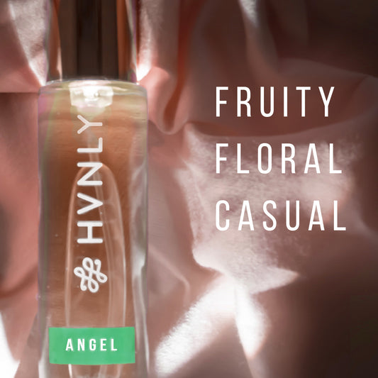 Colorful depiction of ingredients of Angel perfume by HVNLY
