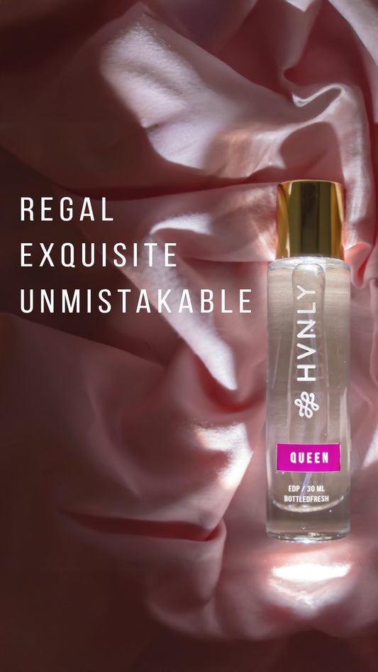 Cinematic depiction of ingredients utilised to make HVNLY's Queen perfume for women