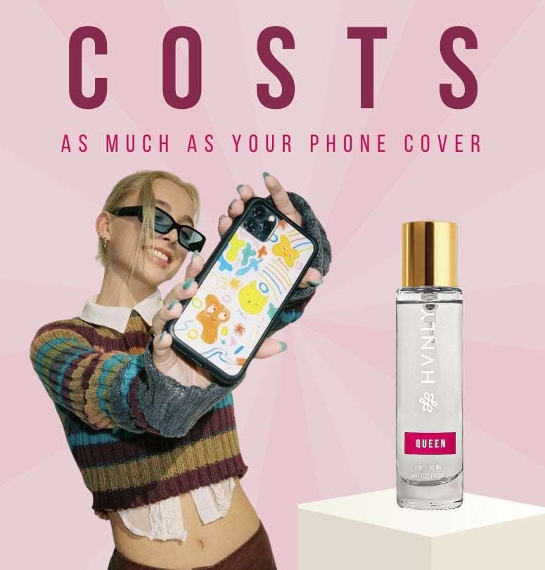 Person holding a phone case with a bottle of perfume stating that this perfume "costs as much as your phone cover"