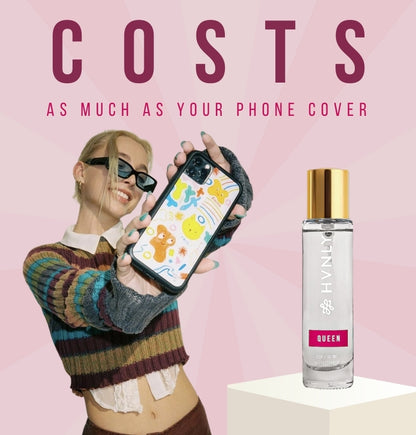 Person holding a phone case with a bottle of perfume stating that this perfume "costs as much as your phone cover"