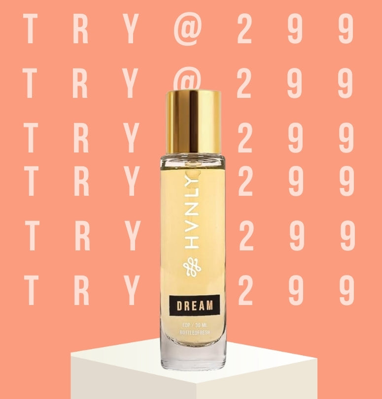 Perfume Vial labeled 'DREAM' by Hvnly on a peach background with 'TRY @ 299' text.