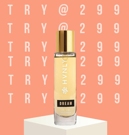 Perfume Vial labeled 'DREAM' by Hvnly on a peach background with 'TRY @ 299' text.