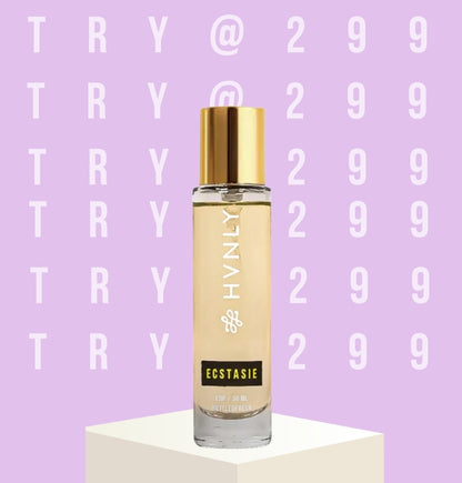 HVNLY Ecstasie perfume bottle on a light purple background with 'TRY @299' text.