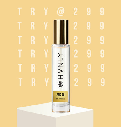 Perfume bottle labeled 'HVNLY' on a beige background with 'TRY @ 299' text.