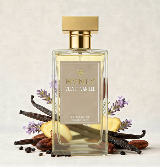 HVNLY Velvet Vanille perfume for women bottle showcased along side its ingredients