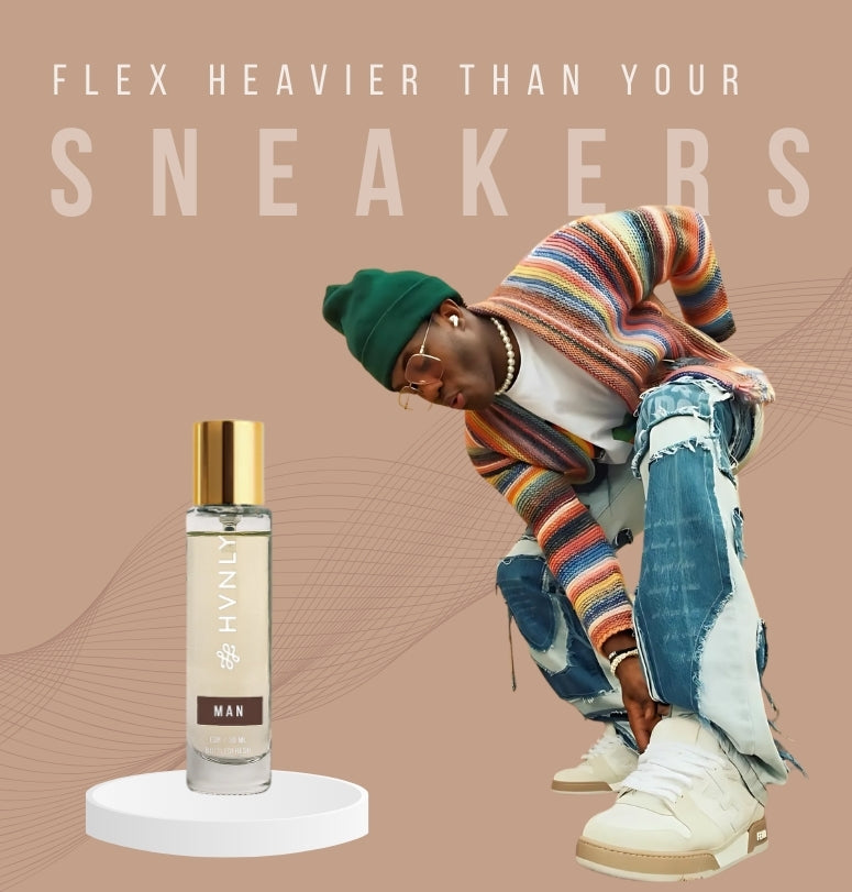 Person wearing colorful clothing and sneakers with HVNLY's MAN bottle of perfume on a beige background.