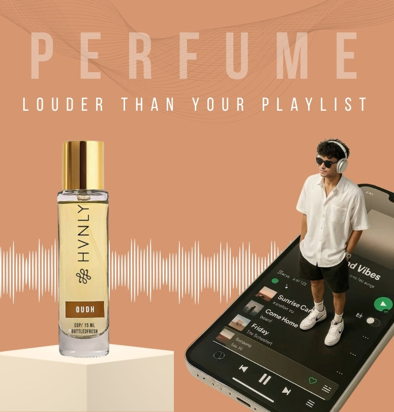 Perfume bottle with smartphone displaying music app on a peach background with text 'PERFUME LOUDER THAN YOUR PLAYLIST'.
