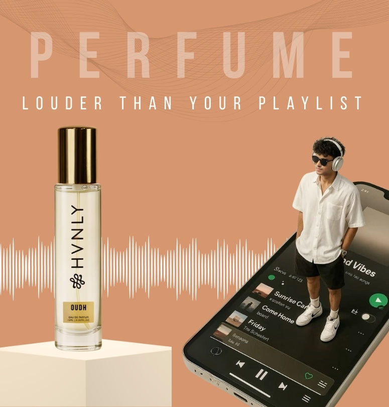 Oudh Perfume bottle with smartphone displaying music app on a peach background with text 'PERFUME LOUDER THAN YOUR PLAYLIST'.