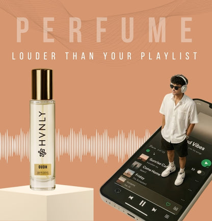 Oudh Perfume bottle with smartphone displaying music app on a peach background with text 'PERFUME LOUDER THAN YOUR PLAYLIST'.