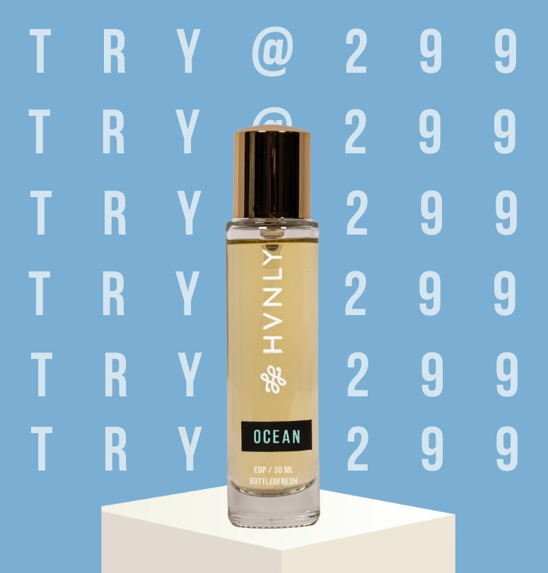HVNLY Ocean perfume bottle on a blue background with 'TRY @ 299' text.