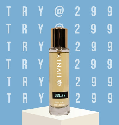 HVNLY Ocean perfume bottle on a blue background with 'TRY @ 299' text.