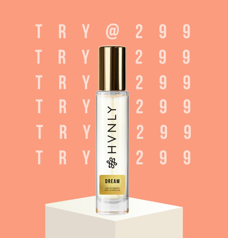 Perfume bottle labeled 'HVNLY Dream' on a peach background with 'TRY @ 299' text