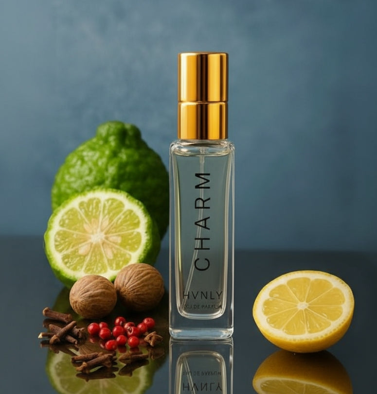 Perfume bottle labeled 'CHARM' with fruits and spices on a reflective surface depicting ingredients