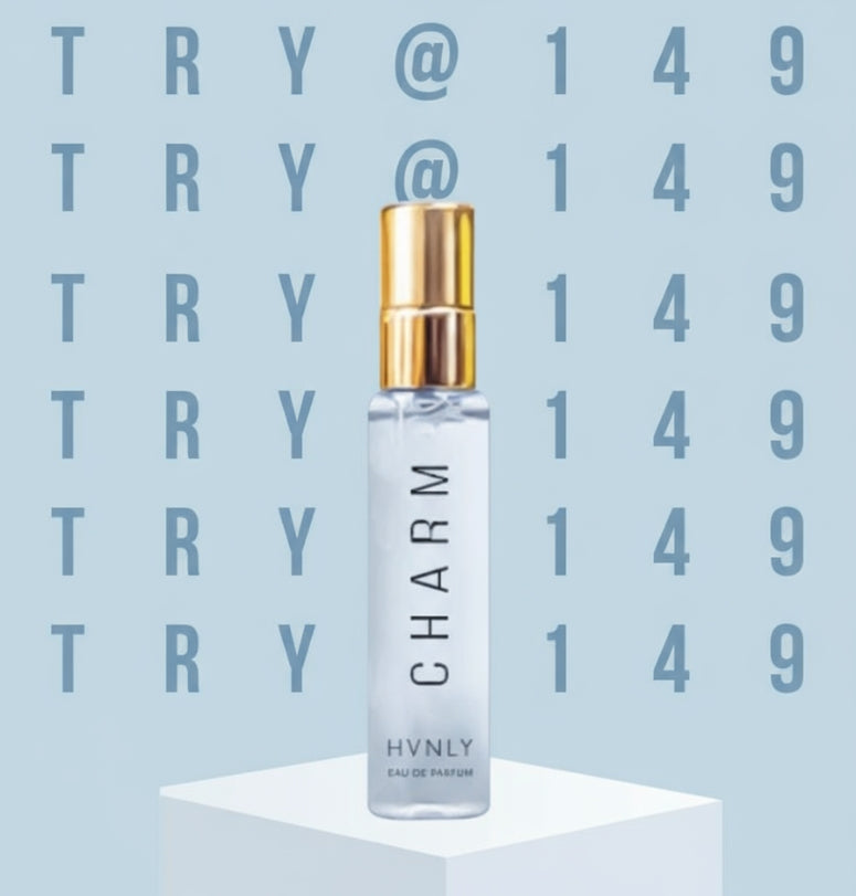HVNLY perfume bottle with gold cap on a beige background with 'TRY @149'.