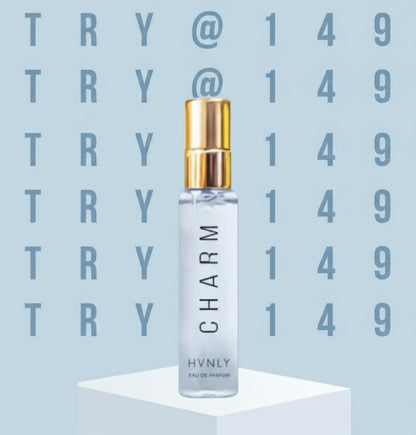 HVNLY perfume bottle with gold cap on a beige background with 'TRY @149'.