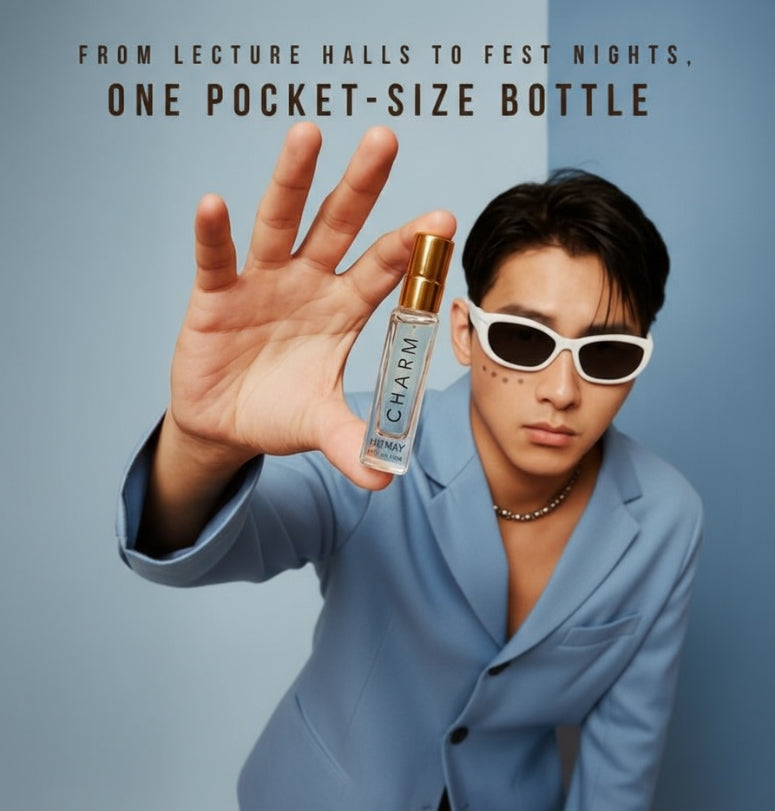 Person holding a small bottle with text - "From lecture halls to fest nights, one pocket-size bottle "