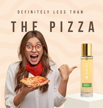 Woman holding a pizza with a bottle of 'HVNLY' Angel perfume on a beige background stating that it costs less than the pizza.