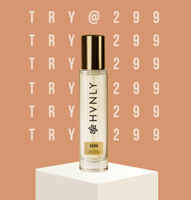 HVNLY perfume bottle on a peach background with 'TRY @299' text.
