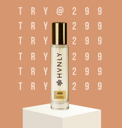 HVNLY perfume bottle on a peach background with 'TRY @299' text.