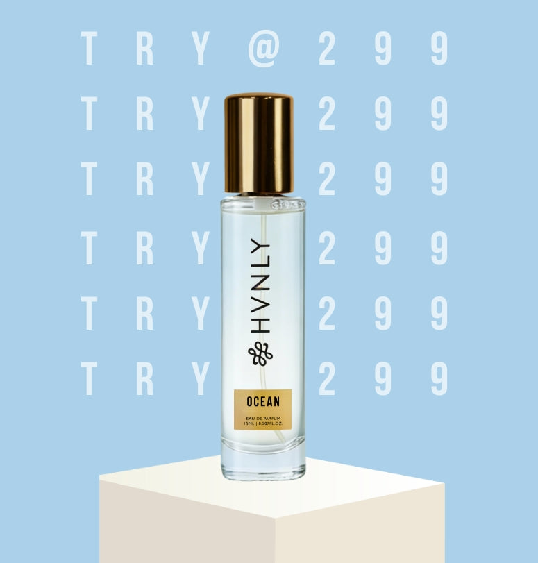 Perfume bottle labeled 'HVNLY Ocean' on a light blue background with 'TRY @ 299' text.