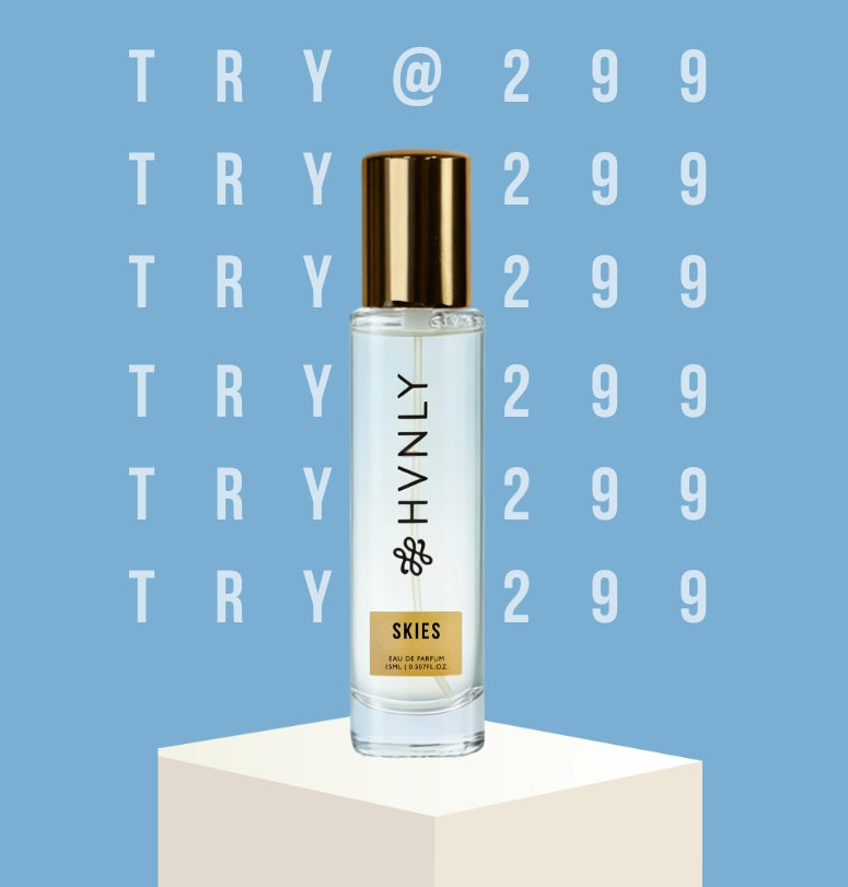 HVNLY Skies perfume bottle on a blue background with 'TRY @ 299' text.