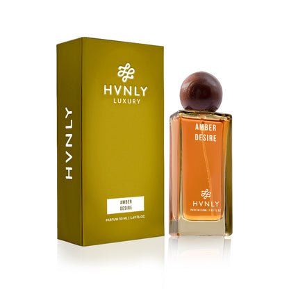 HVNLY Luxury Amber Desire perfume bottle and packaging on a white background