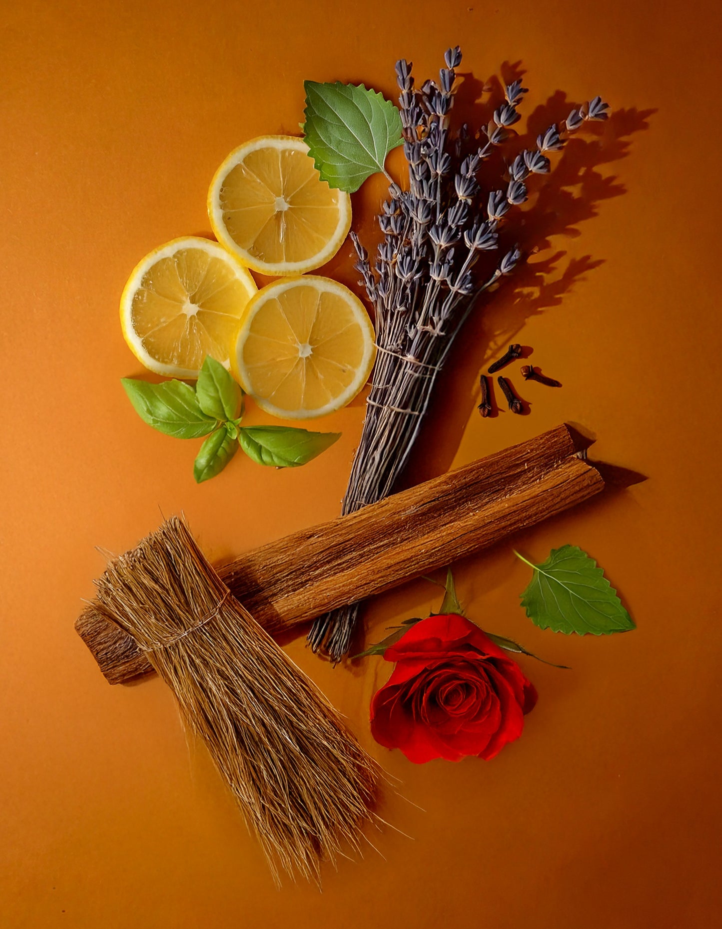 Colorful display of natural ingredients used in HVNLY Enchanted Garden luxury perfume

