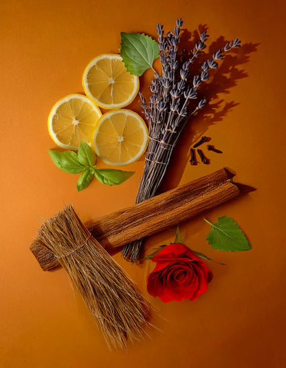 Colorful display of natural ingredients used in HVNLY Enchanted Garden luxury perfume

