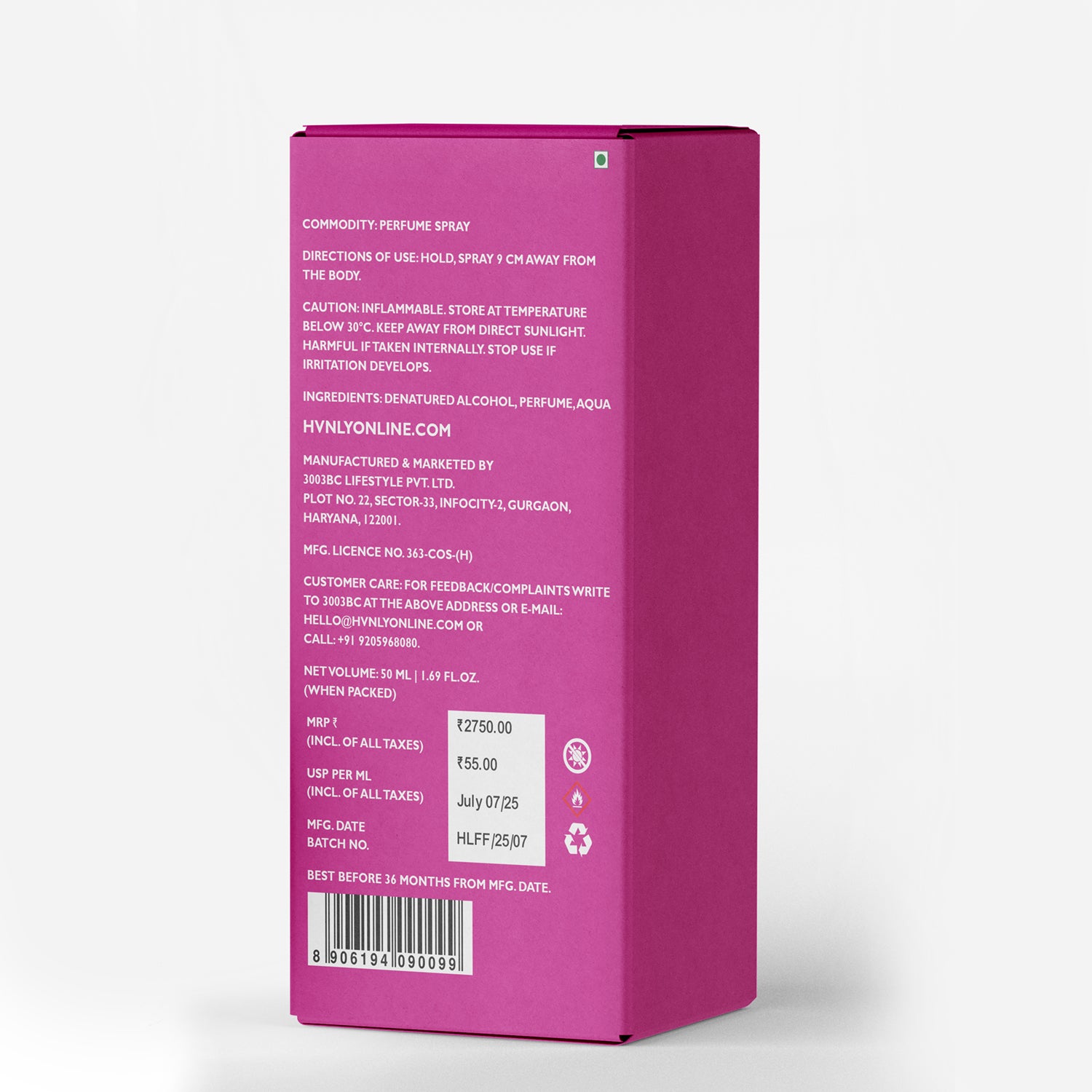back of pack of Floral Crush perfume by Hvnly consisting of all the necessary information as per regualtions