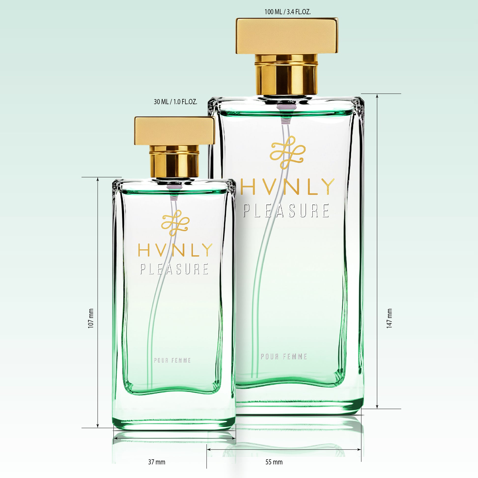 Two Hvnly Pleasure perfume bottles with gold caps on a light blue background