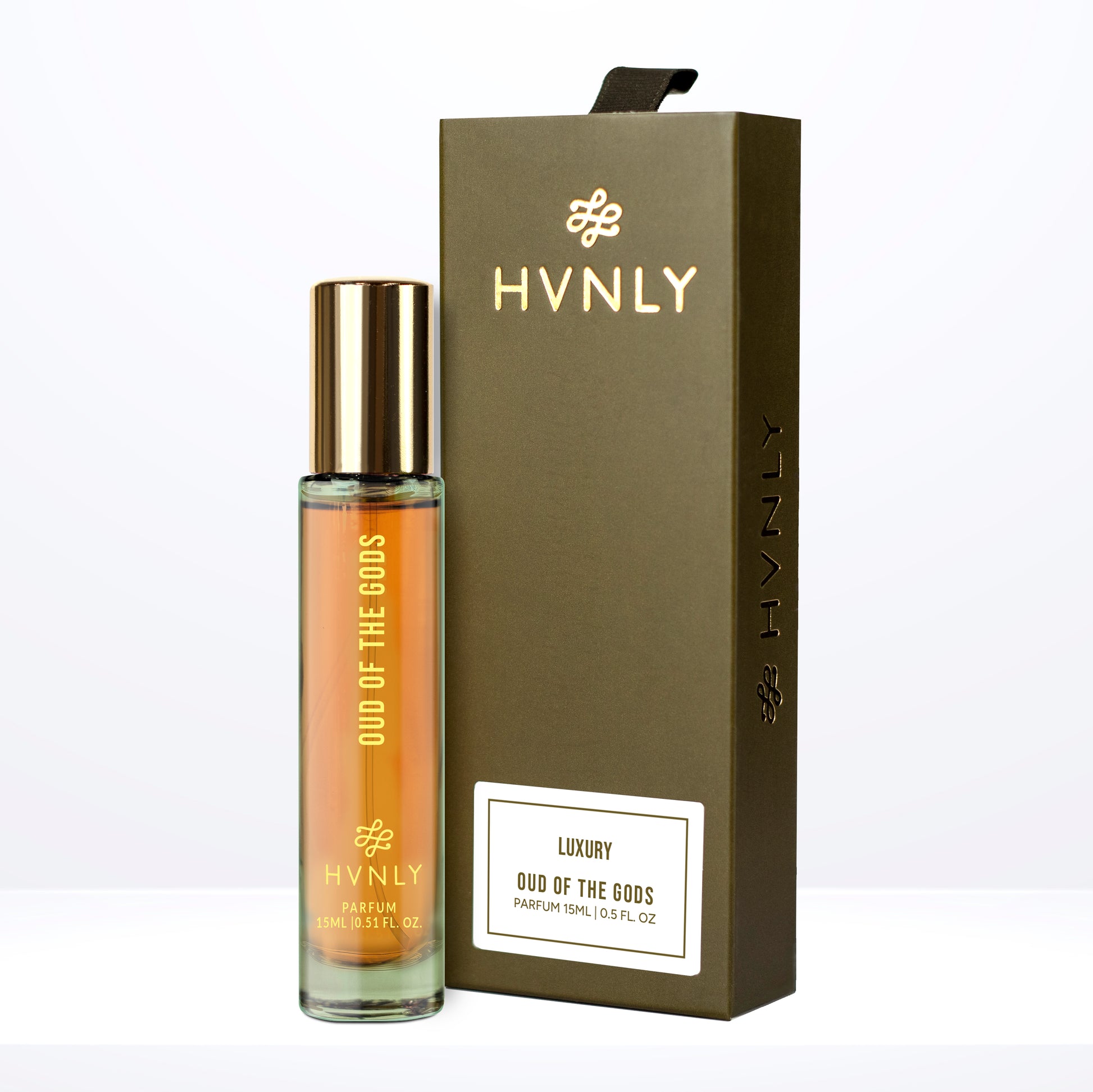 HVNLY Oud Of the Gods 15ml perfume bottle and packaging on a white background