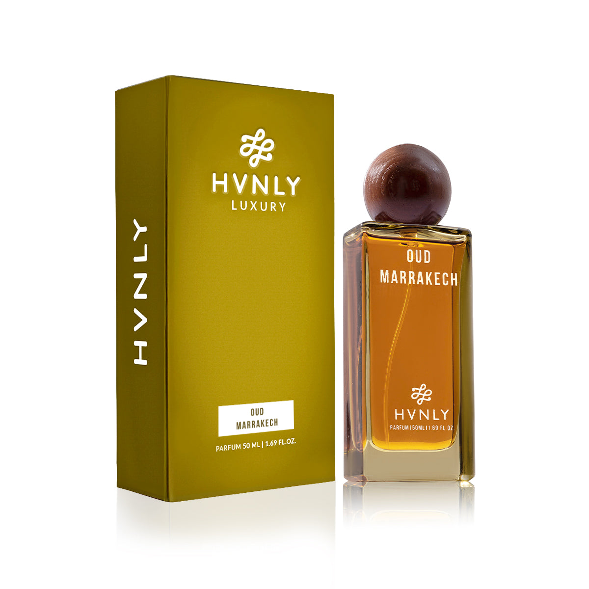 HVNLY Luxury Oud Marrakech perfume bottle and packaging on a white background. 
