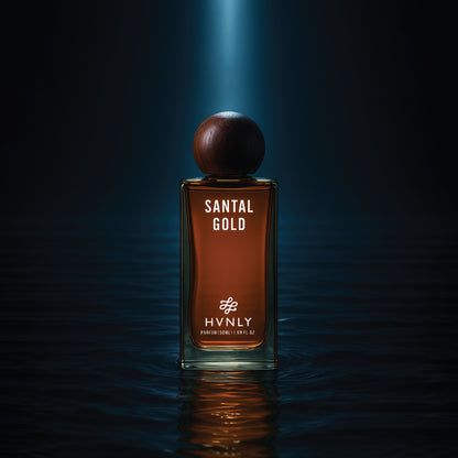 Perfume bottle labeled 'Santal Gold' by Hvnly on a dark background showcasing its capability to stand out and steal the limelight