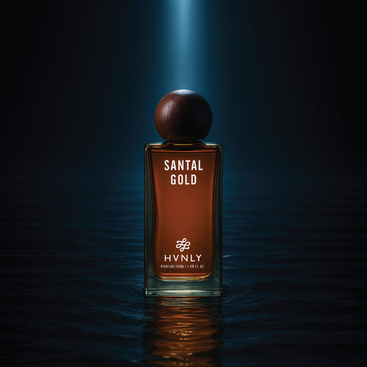 Perfume bottle labeled 'Santal Gold' by Hvnly on a dark background showcasing its capability to stand out and steal the limelight