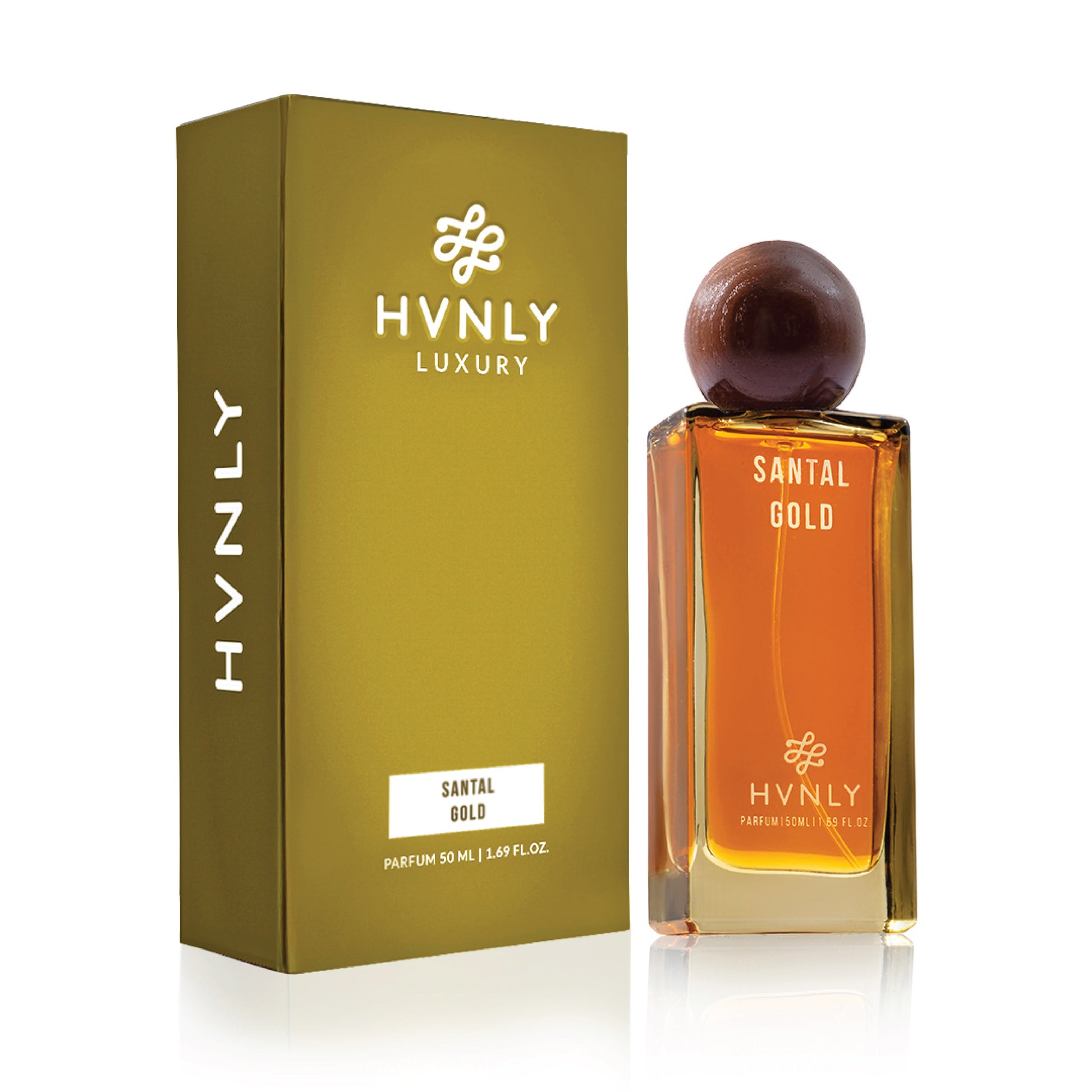 HVNLY Luxury Santal Gold perfume bottle and packaging on a white background